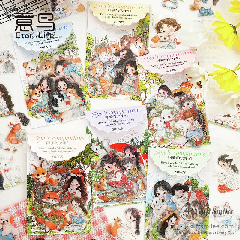 A collection of sticker packs featuring girls with animal companions in nature scenes