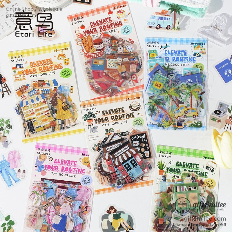 A collection of Elevate Your Routine decorative sticker packs with various daily life themes on a white table