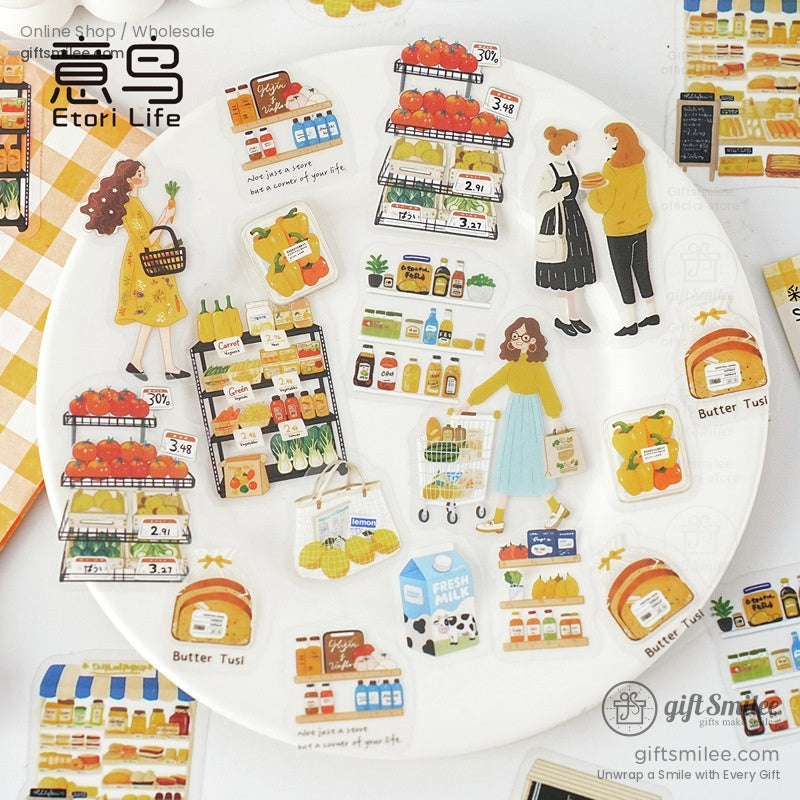 Supermarket-themed stickers featuring grocery items, carts, and shelves for planners and crafts