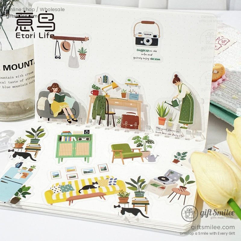 Cozy home life stickers with desks, plants, and living room setups for journals