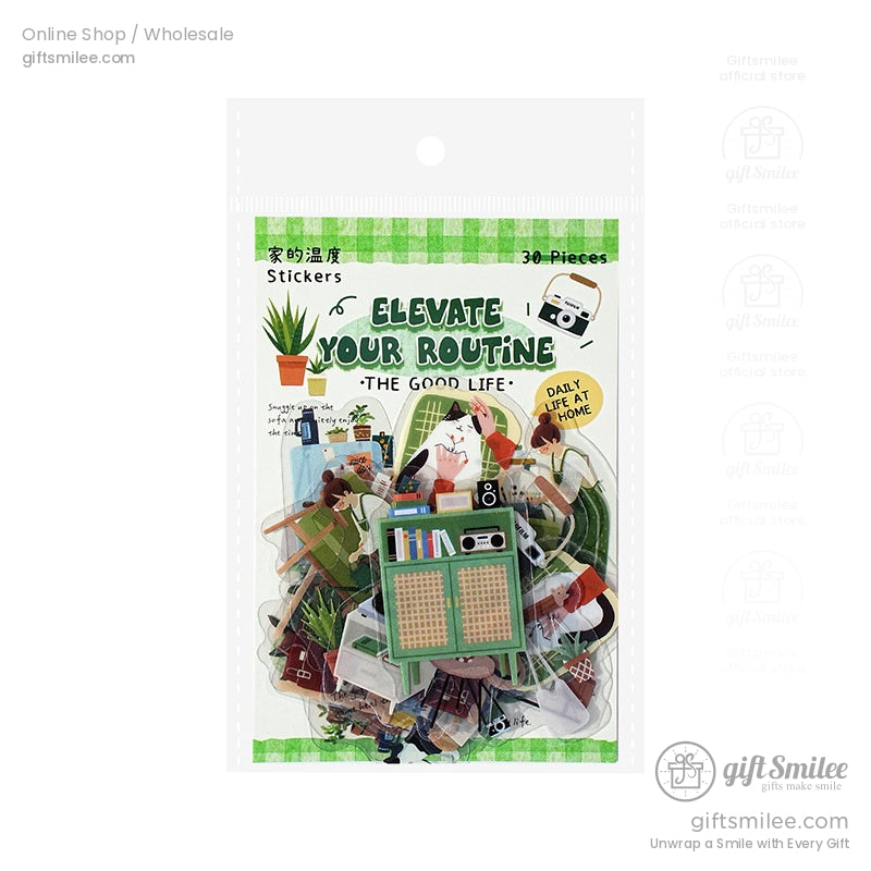 Close-up of a green-packaged sticker set labeled Elevate Your Routine, ideal for DIY crafts