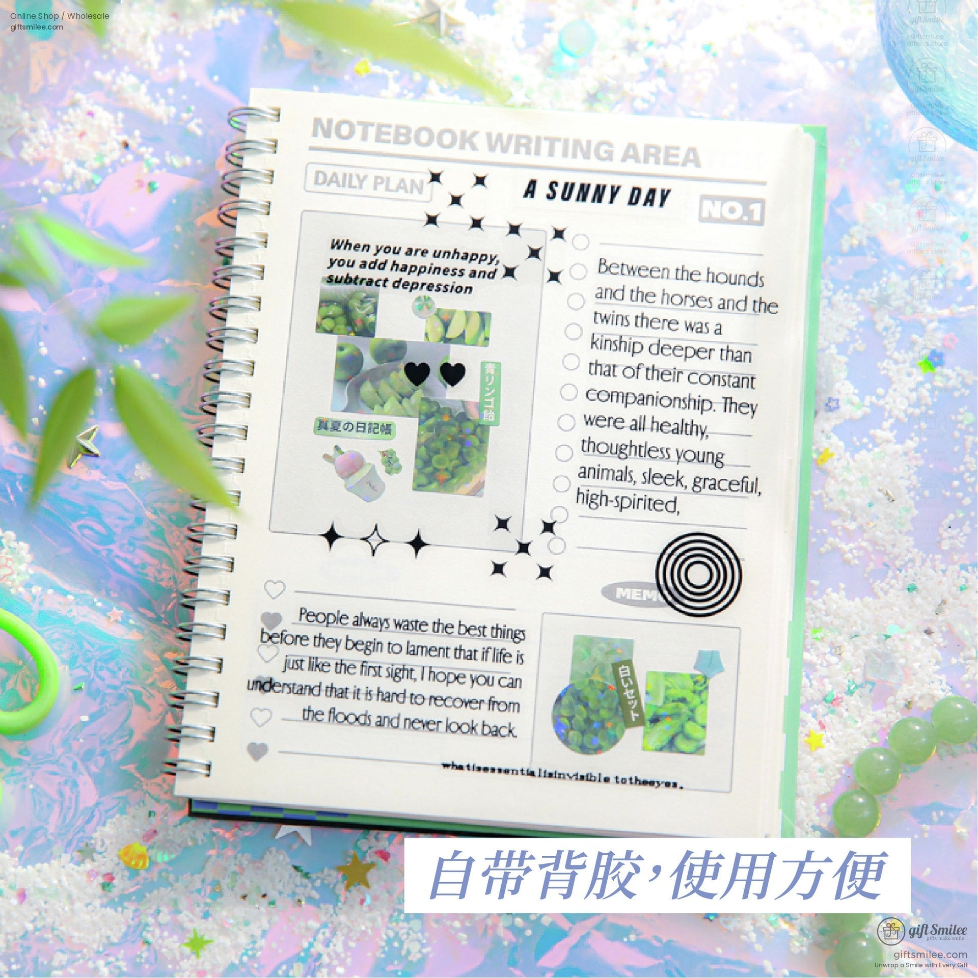 Example of a journal page decorated with retro holographic stickers from the Fantasy Old Things collection