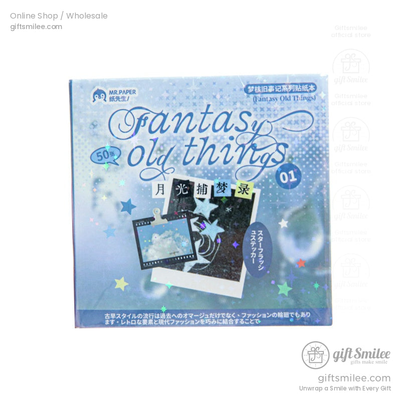 Single box of the Fantasy Old Things sticker pack featuring dreamy holographic and vintage-inspired designs