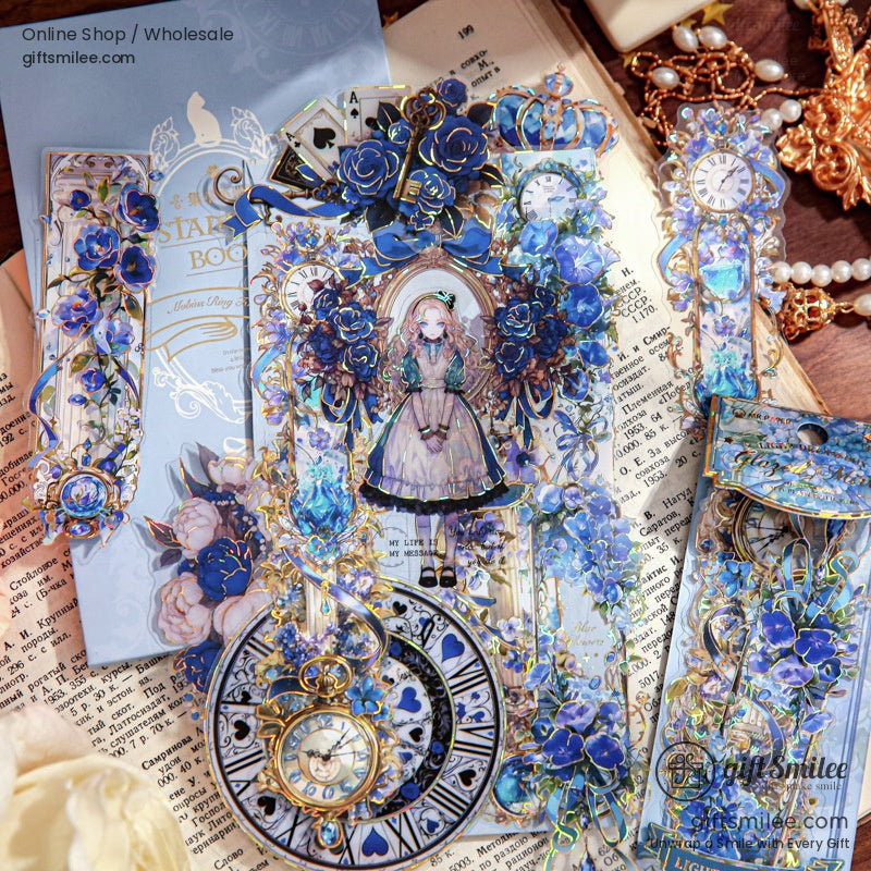 Blue vintage Alice-themed stickers with intricate gold foil details and clock designs
