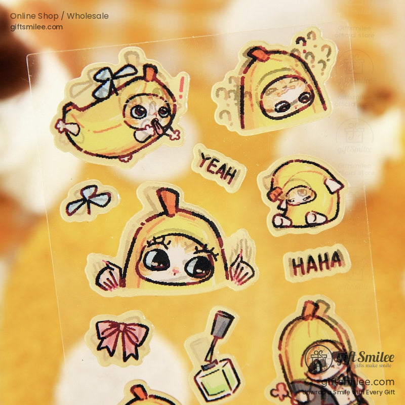 Transparent sticker sheet with adorable banana-themed characters and playful captions