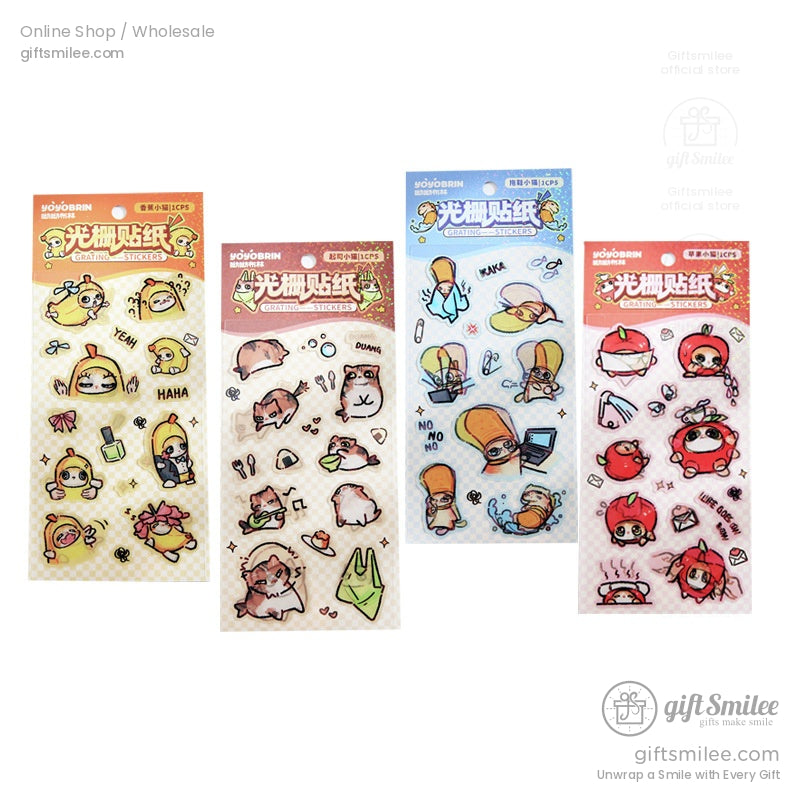 Four sets of kawaii cartoon grating stickers featuring apples, bananas, and cats