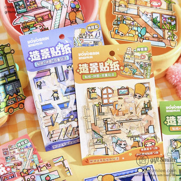 Close-up of DIY cartoon scene puzzle stickers with colorful PVC layers on a yellow checkered background