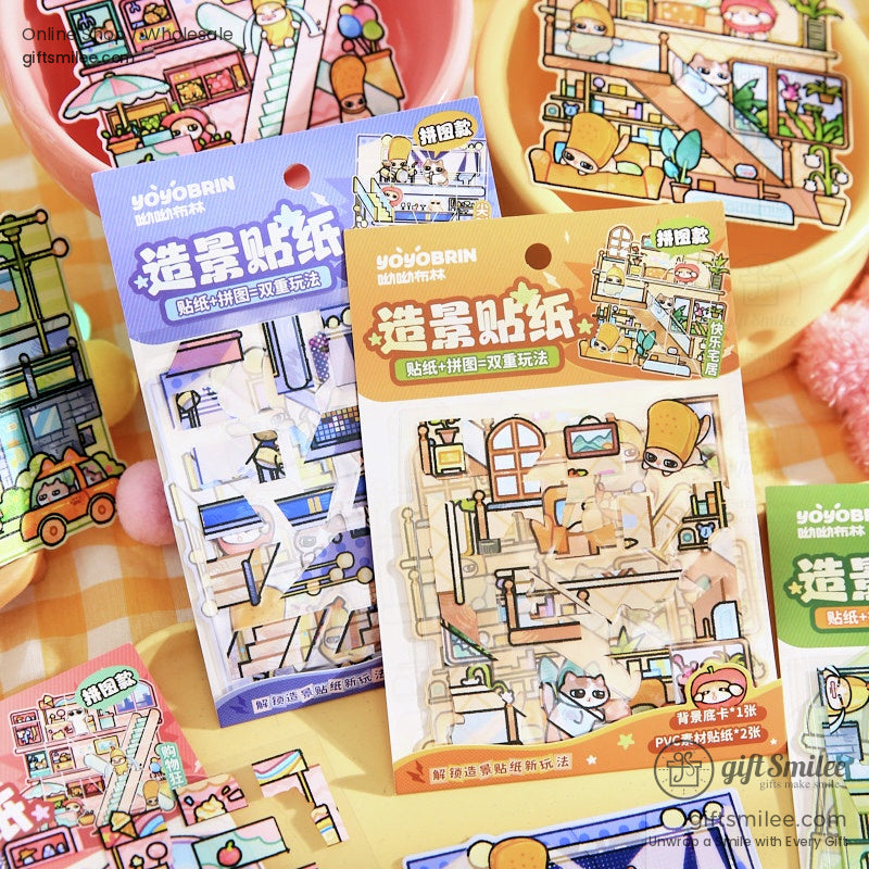 Close-up of DIY cartoon scene puzzle stickers with colorful PVC layers on a yellow checkered background
