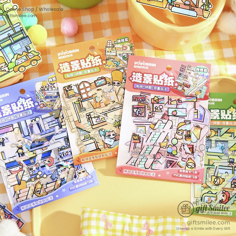 Assorted PVC layered sticker packs in bright colors and cartoon designs displayed on a table
