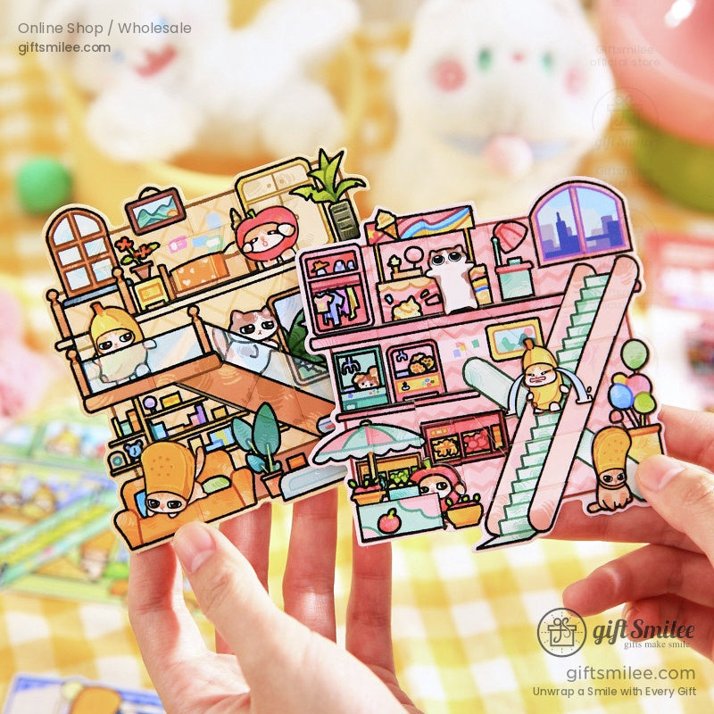 Hand holding cartoon stickers showcasing a creative multi-layered design with fun characters and scenes