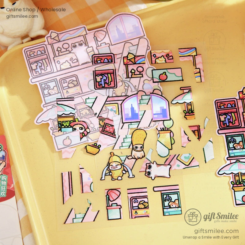 DIY puzzle stickers in various colorful layers spread out on a yellow tray, ready for crafting