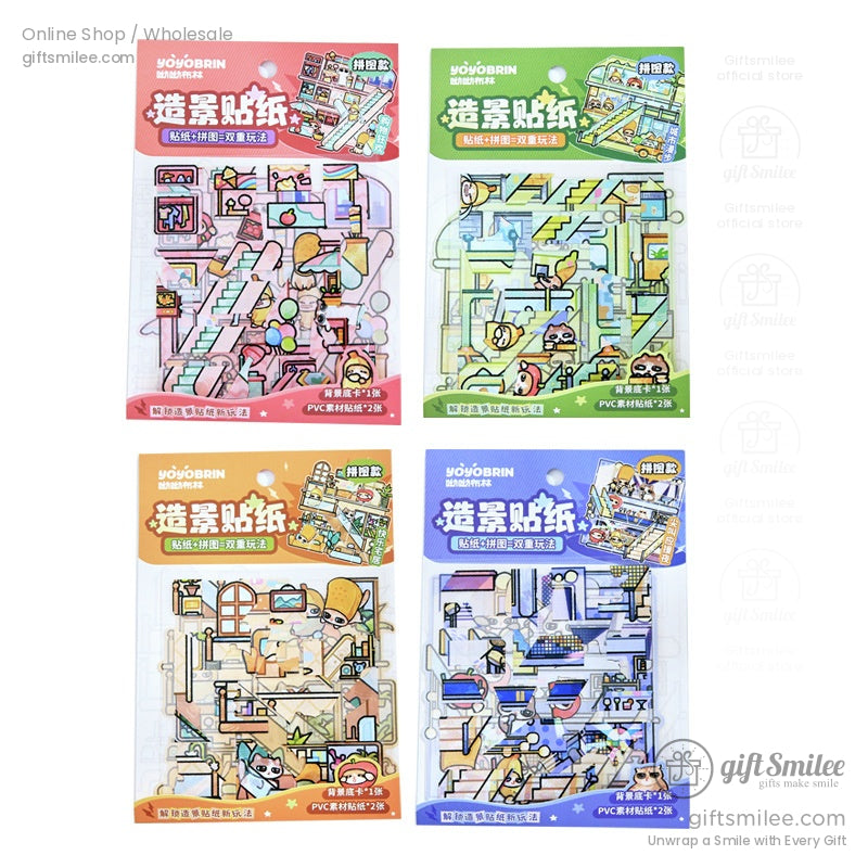 Full collection of four DIY cartoon scene puzzle sticker packs in vibrant designs and playful packaging