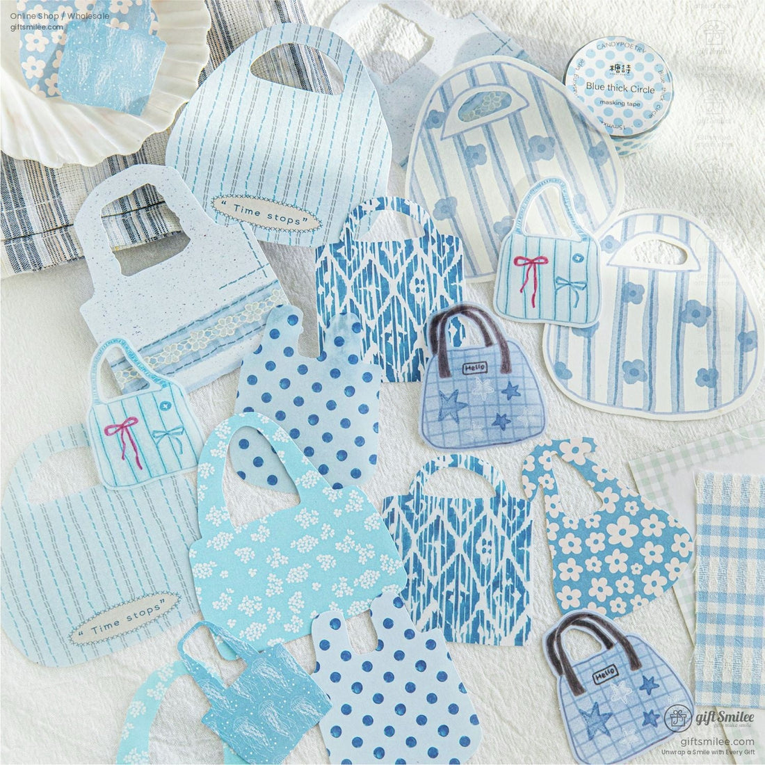 A collection of blue and white mini tote bag stickers with floral and striped patterns, perfect for journaling and scrapbooking