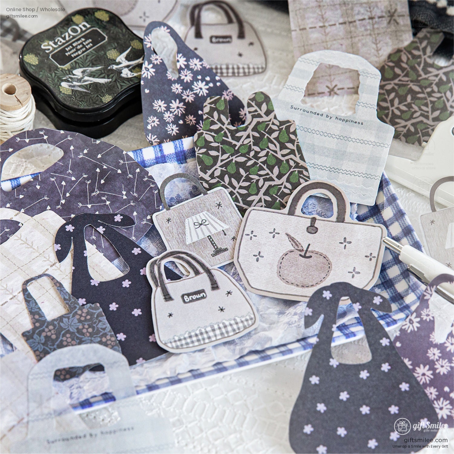Dark-themed mini tote bag stickers with black, brown, and navy patterns, ideal for vintage-style journals