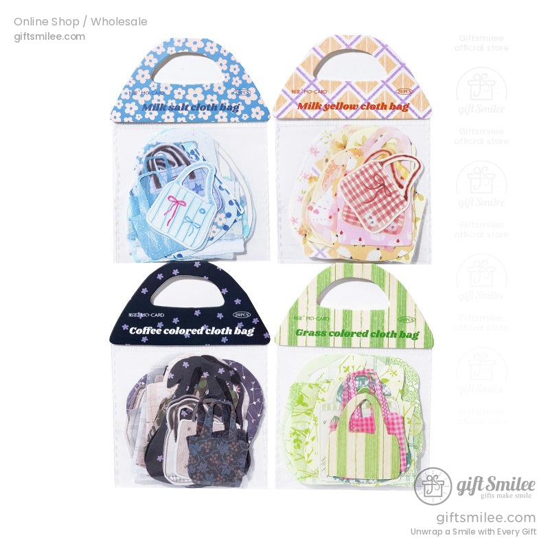 Complete set of pastel mini tote bag stickers in packaging, featuring blue, green, pink, and black designs, ready for creative uses