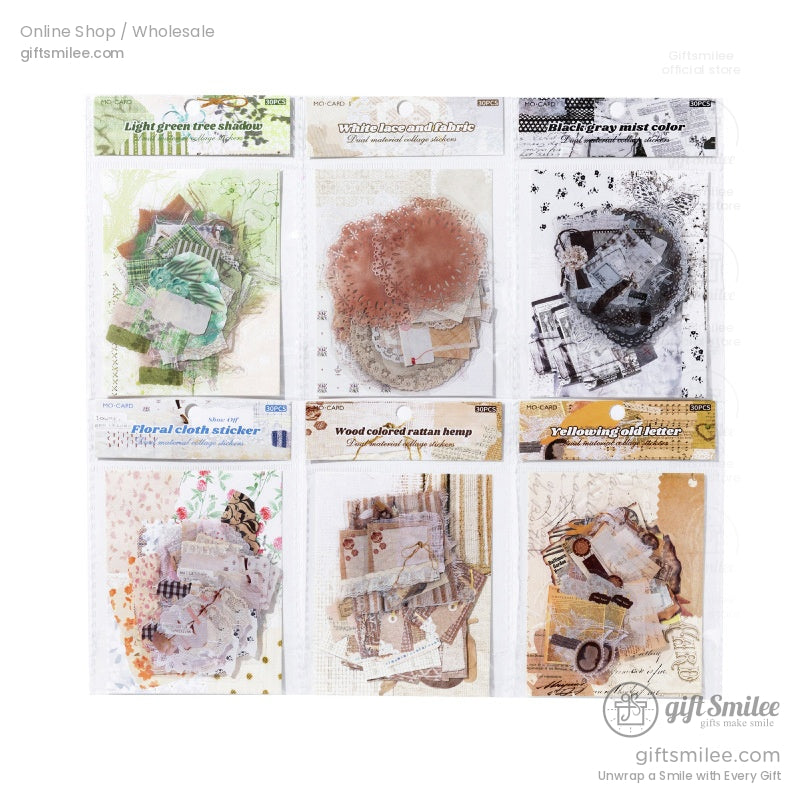 Assorted vintage-themed scrapbook kits featuring lace, floral stickers, and retro embellishments