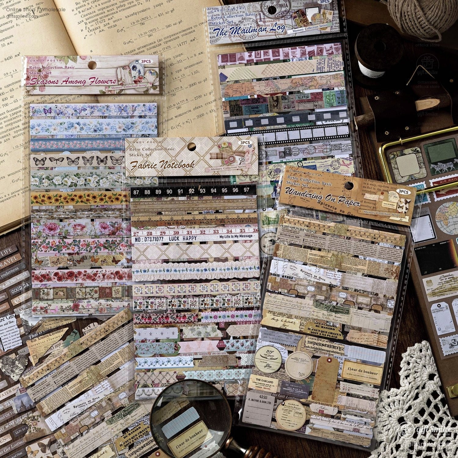 Assorted vintage journaling stickers and supplies displayed with crafting tools