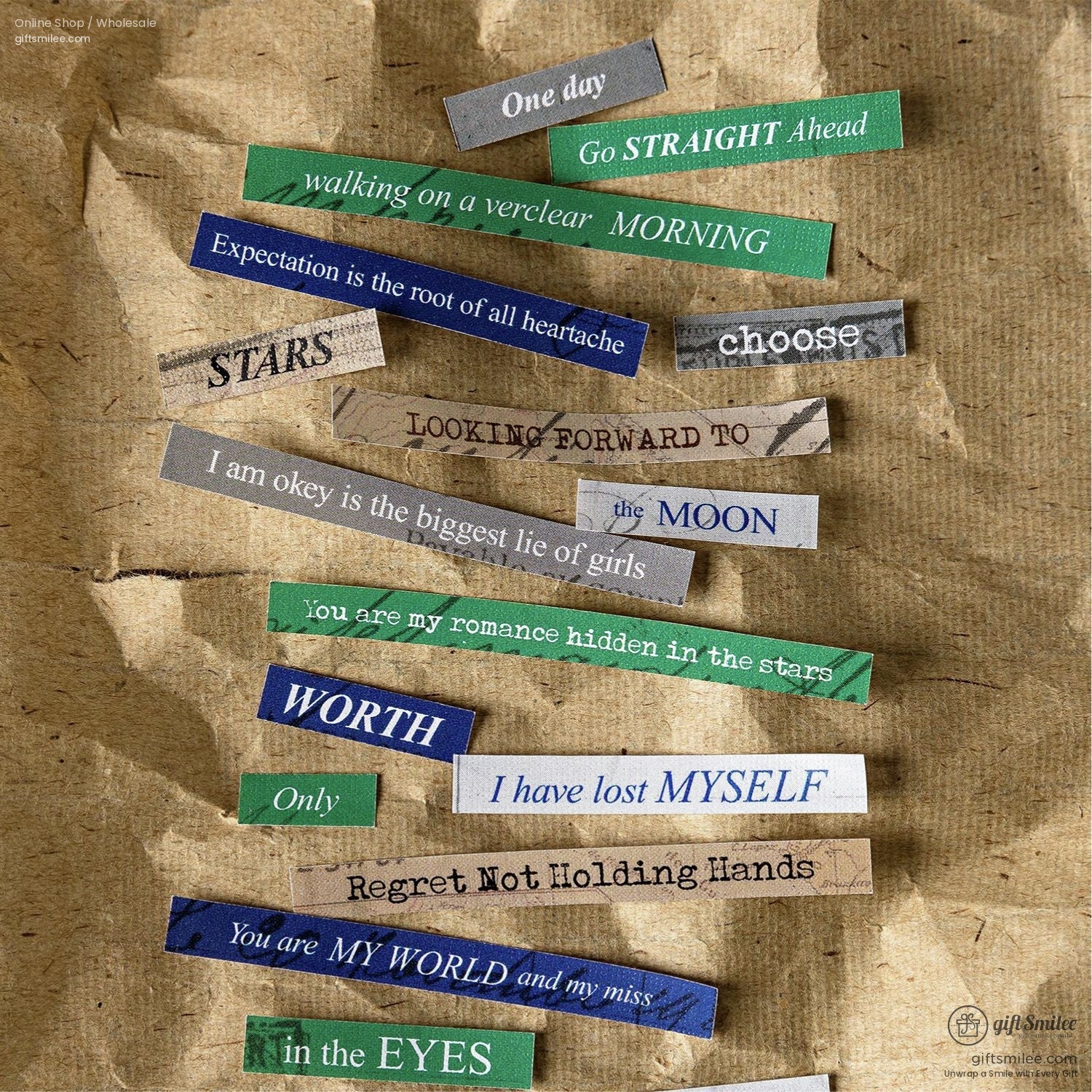 Retro-themed inspirational word stickers on textured kraft paper background