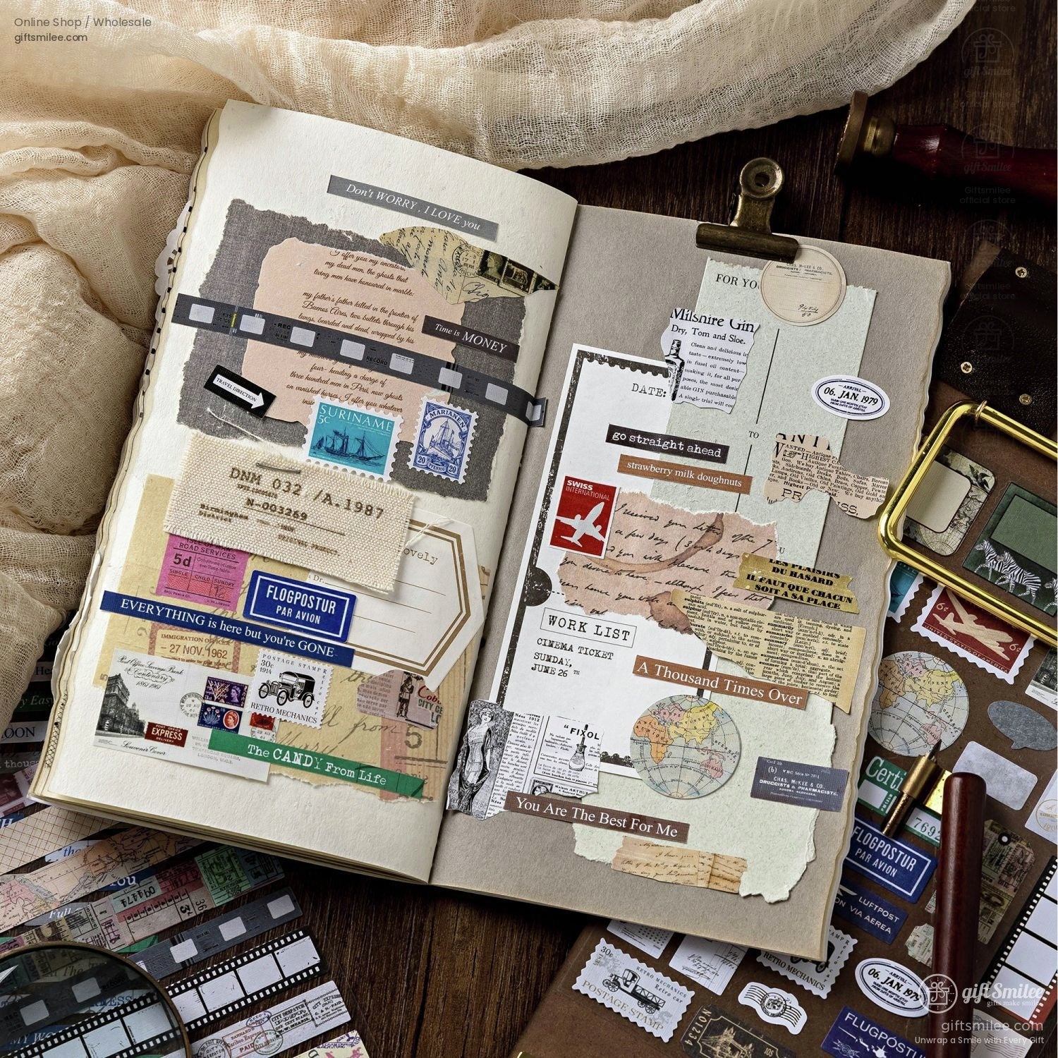 A vintage-style scrapbook journal decorated with retro stickers and paper ephemera
