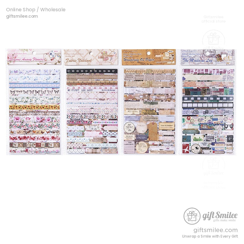 Full set of retro journaling and scrapbooking sticker packs arranged in rows