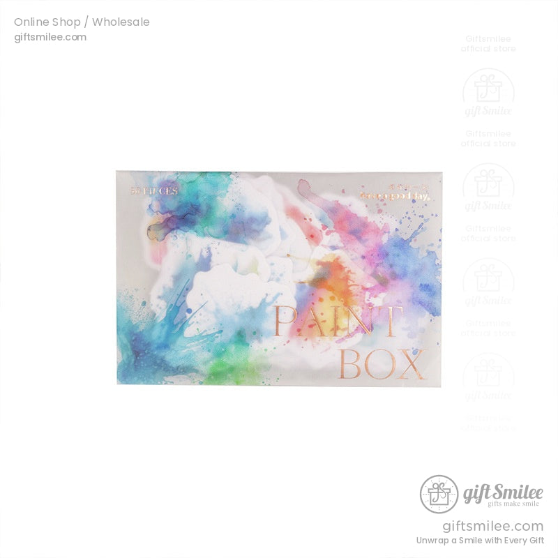 Packaged watercolor splash sticker set with vibrant paintbox design