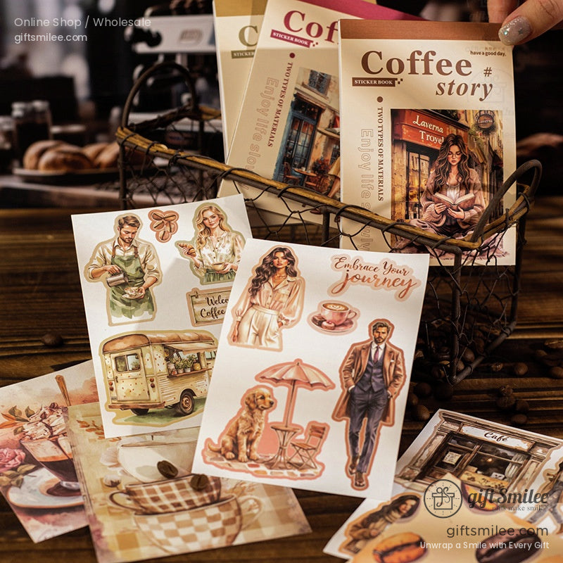 Various coffee-themed stickers in a basket, showcasing café and cozy coffee vibes