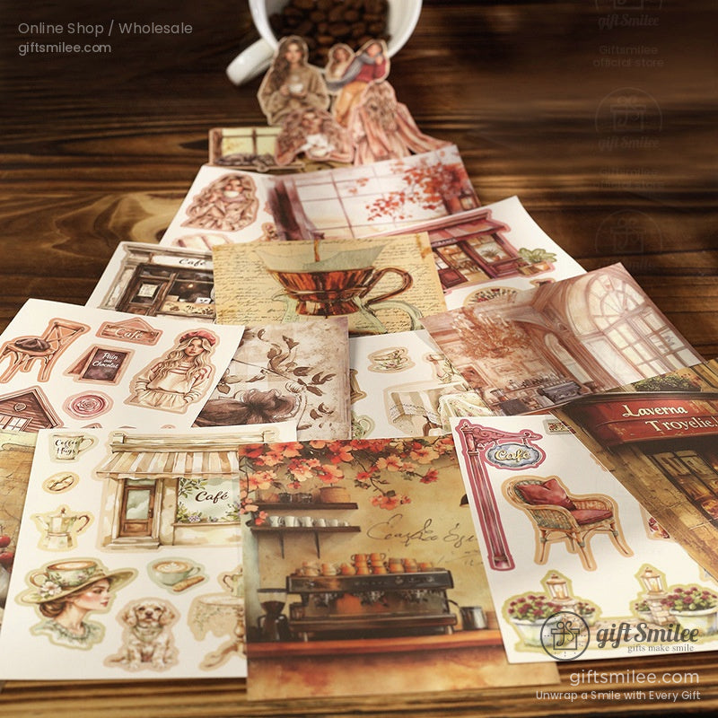 A spread of vintage-style stickers featuring cafés, coffee cups, and cozy scenes
