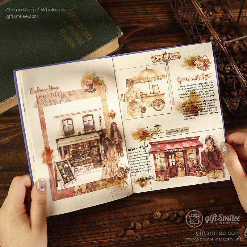 Open scrapbook with coffee-themed designs and vintage illustrations