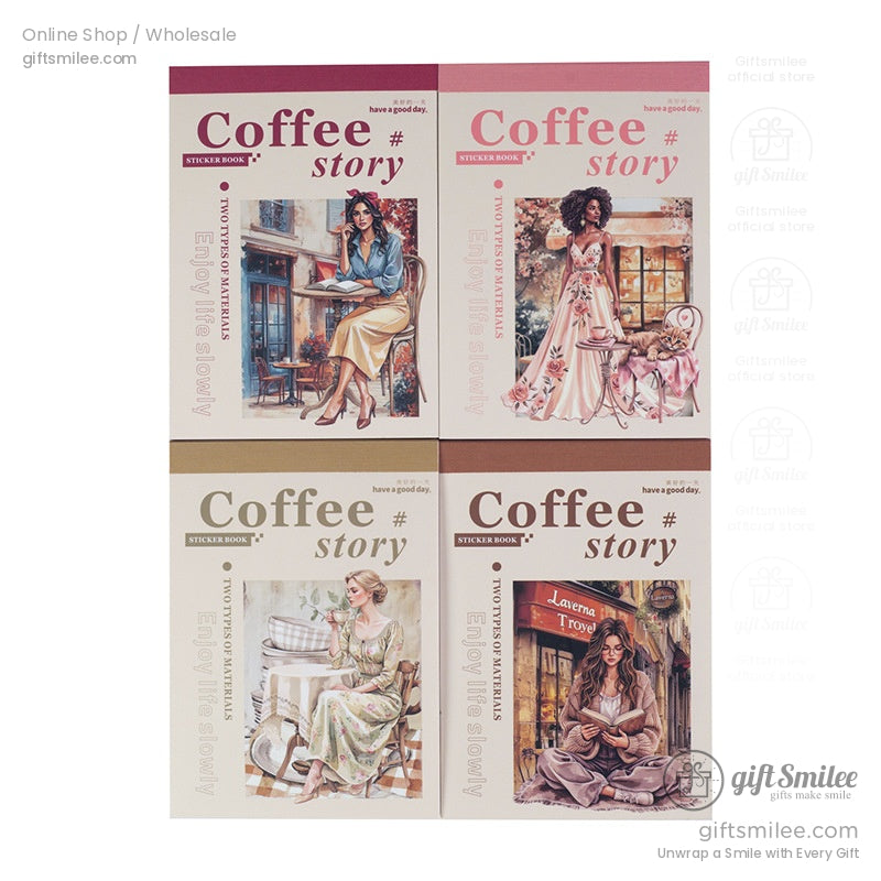Four variations of Coffee Story Sticker Books with café-inspired cover designs