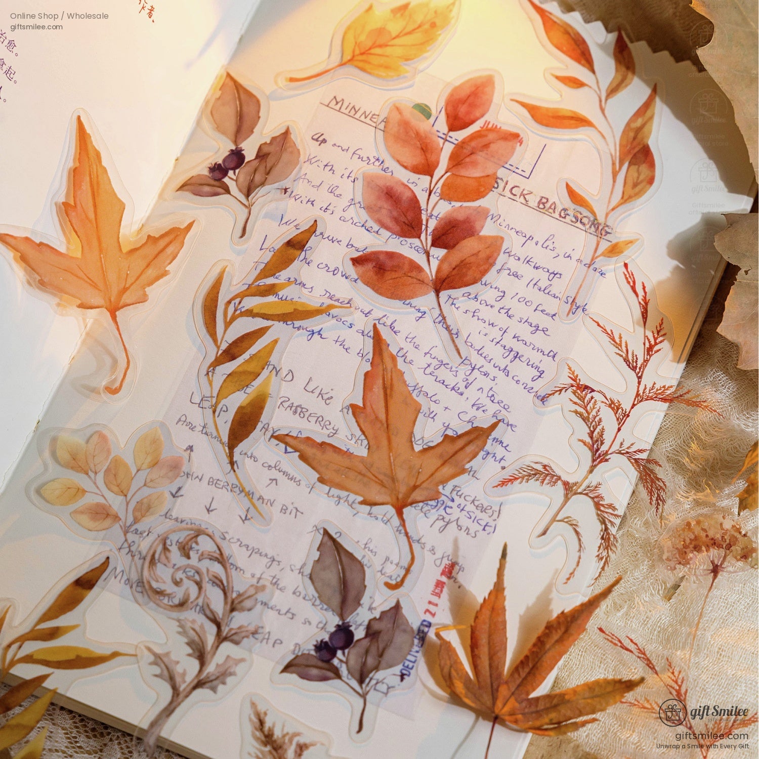 Fall-inspired botanical sticker designs in warm orange and yellow tones