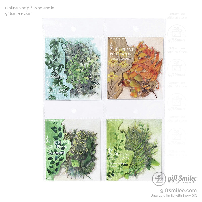 Four packs of vintage botanical stickers with vibrant green and orange plant designs in a transparent display