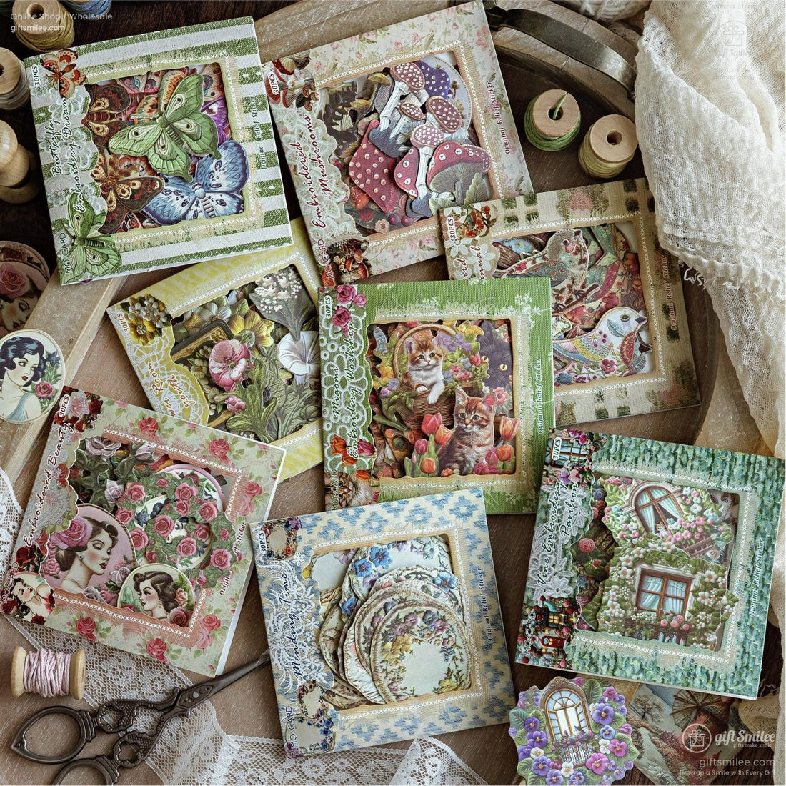 A spread of colorful butterfly paper cutouts on a rustic fabric background, perfect for nature-themed scrapbooking