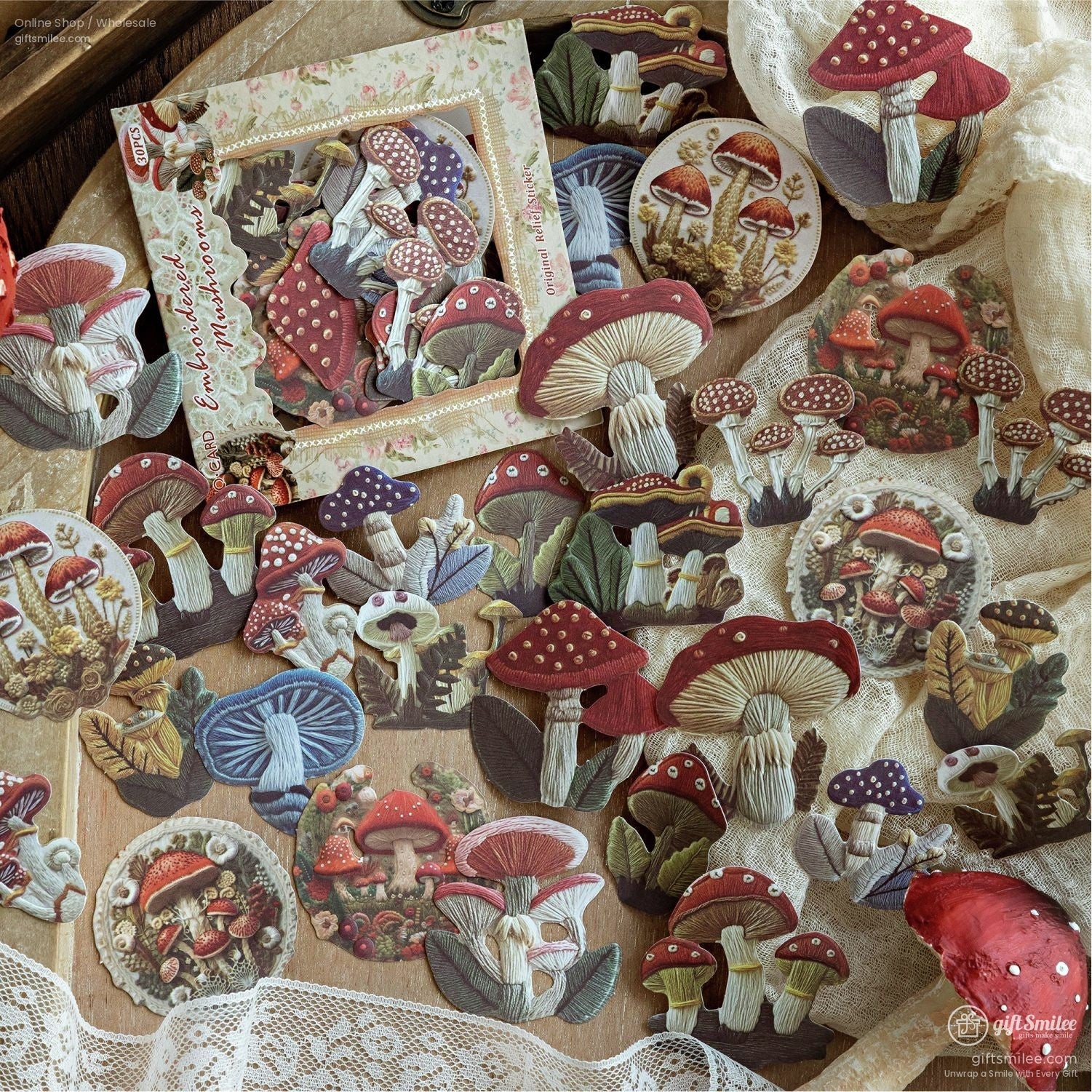 An assortment of detailed mushroom paper cutouts in vibrant colors, ideal for nature and cottagecore crafts