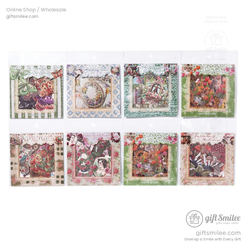 Eight ephemera kits in transparent packaging, showcasing intricate designs of flowers, butterflies, and mushrooms