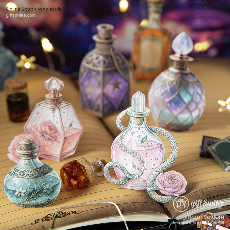 Close-up of fantasy potion bottle stickers placed on an open journal, surrounded by glowing lights and mystical props
