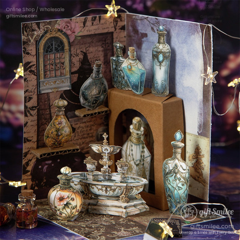 A pop-up display of apothecary-style bottle stickers arranged in a fantasy-themed vintage setting