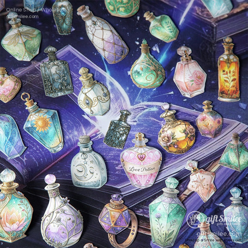 A collection of colorful enchanted potion bottle stickers scattered over a magical book background