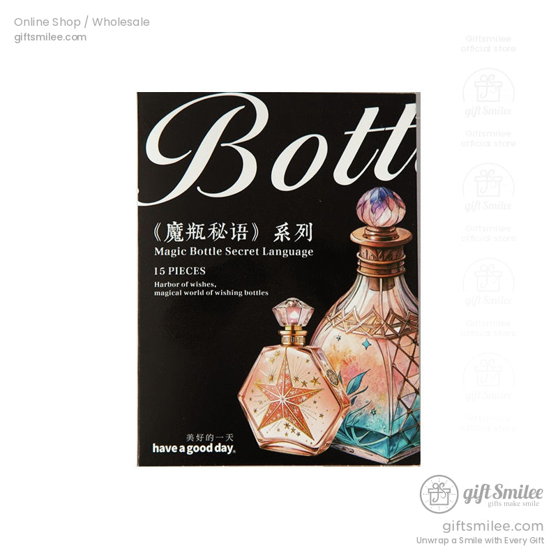 Product packaging for the magical bottle sticker set, featuring artistic fantasy-themed designs of potion bottles