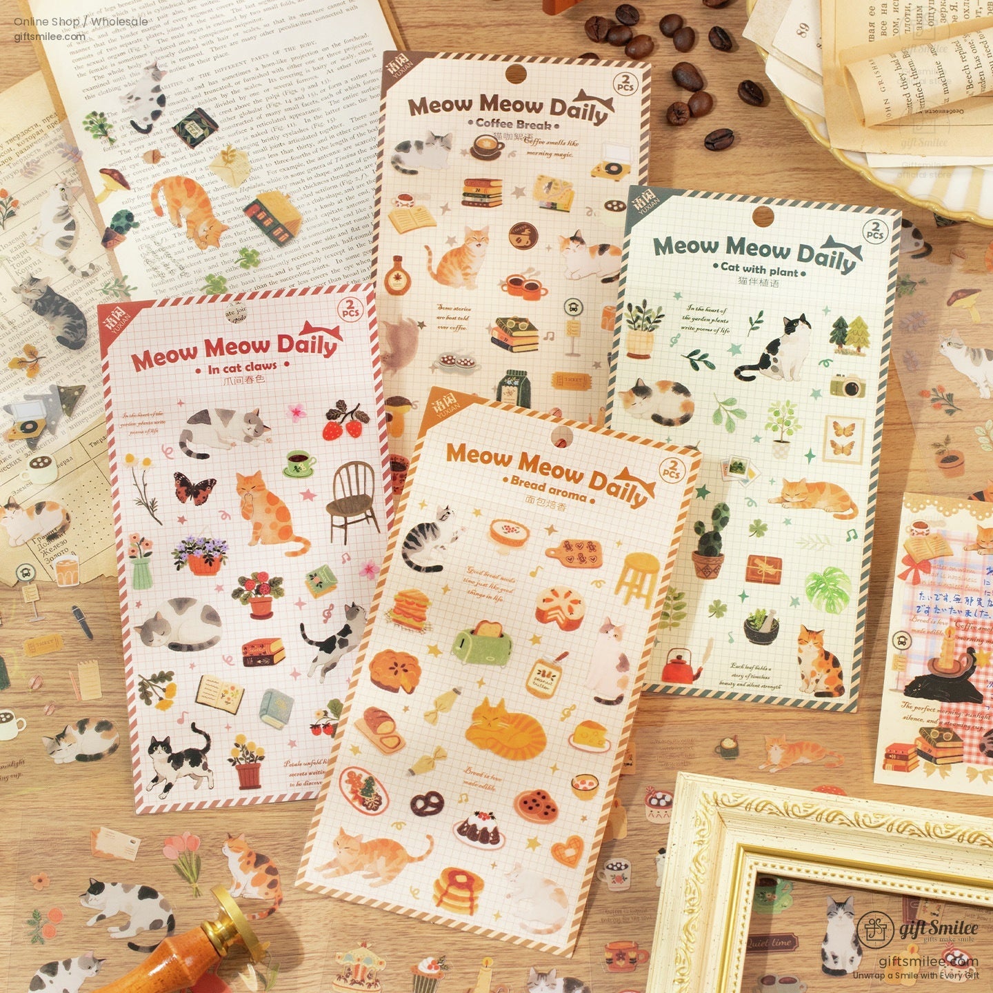 Four cozy-themed Meow Meow Daily sticker packs featuring cats, coffee, plants, and bread designs