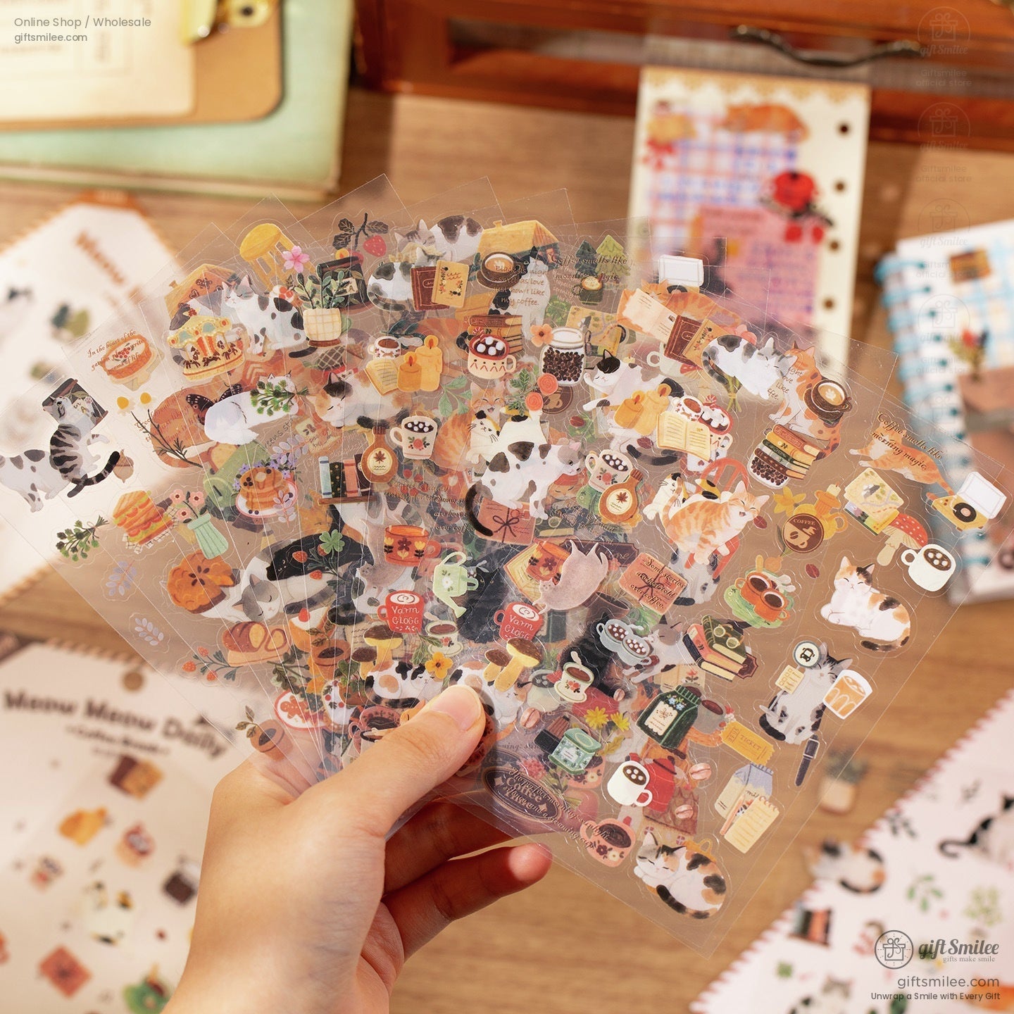 Transparent sheets of Meow Meow Daily stickers with adorable cat and coffee shop themes