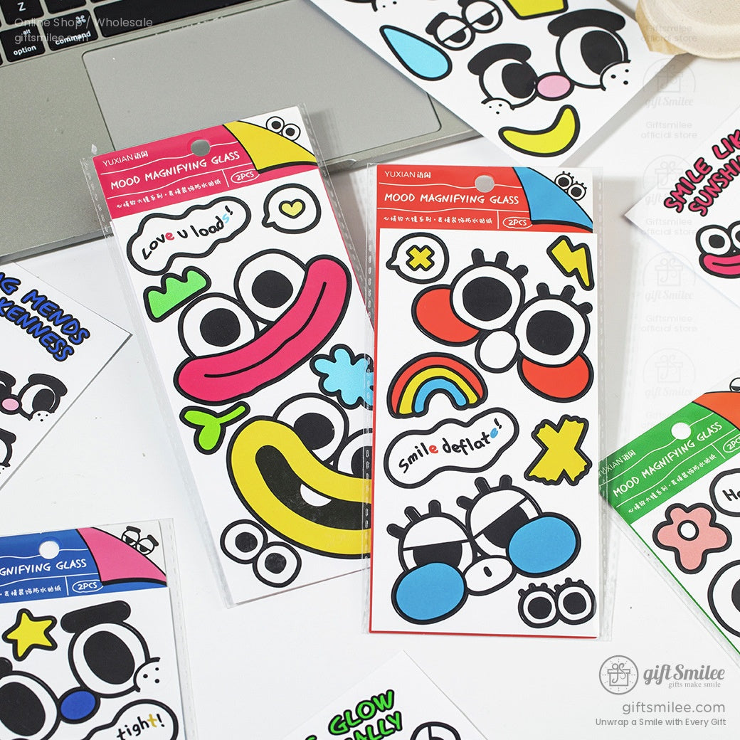 Pack of colorful mood magnifying glass stickers with vibrant cartoon faces