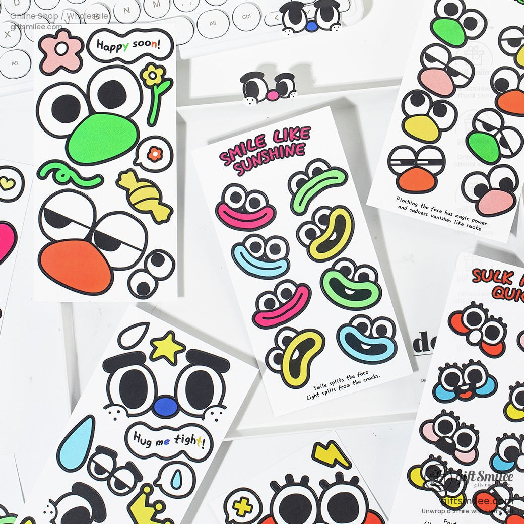 Multiple sheets of cartoon face stickers arranged with fun expressions and vibrant colors