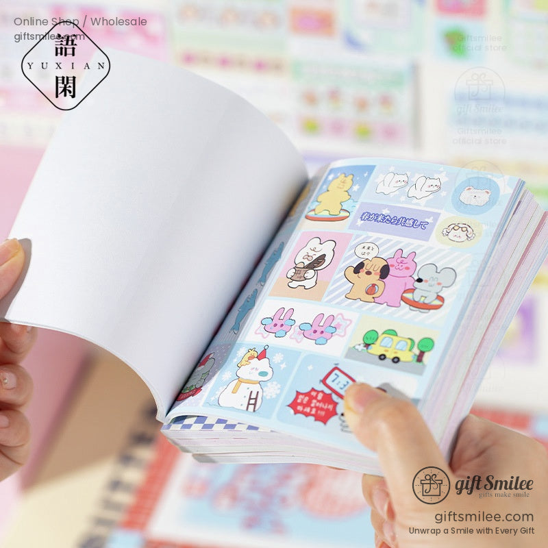 A close-up of a kawaii sticker book featuring colorful animal-themed stickers with pastel designs