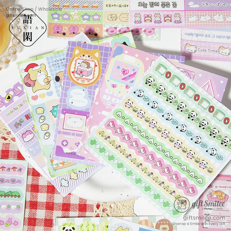 An assortment of pastel sticker sheets with adorable animal characters and decorative borders