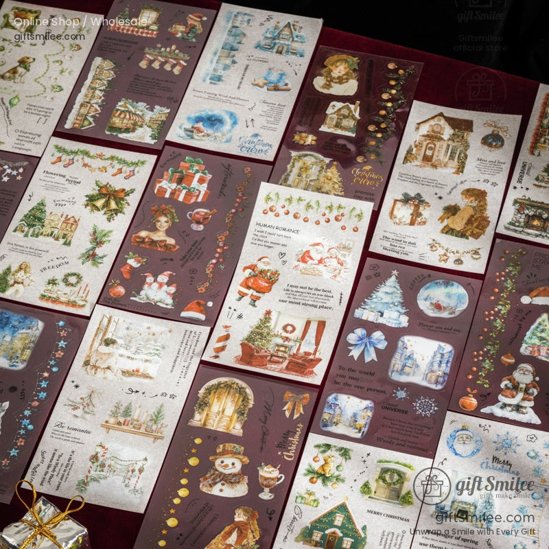 Open holiday sticker book featuring charming vintage Christmas designs