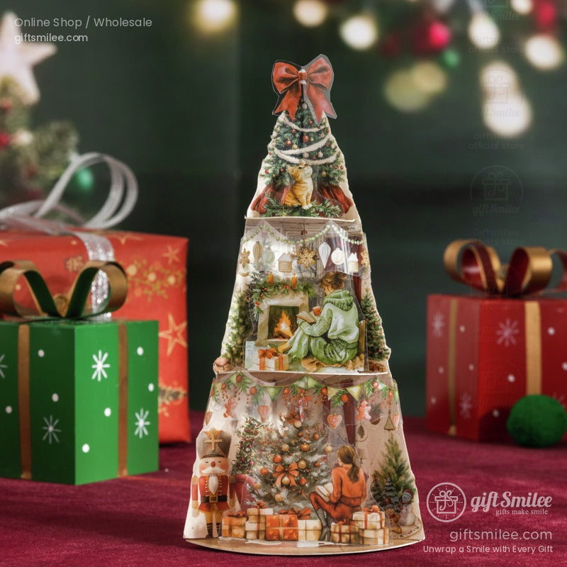3D Christmas tree-shaped card with intricate holiday scenes