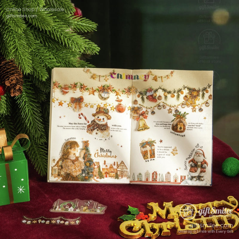 Open Christmas gift book showcasing holiday-themed pages and designs