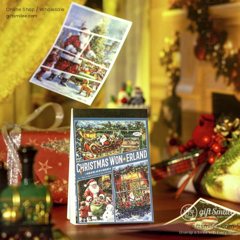 Floating Christmas puzzle cards featuring Santa Claus and a vintage festive backdrop