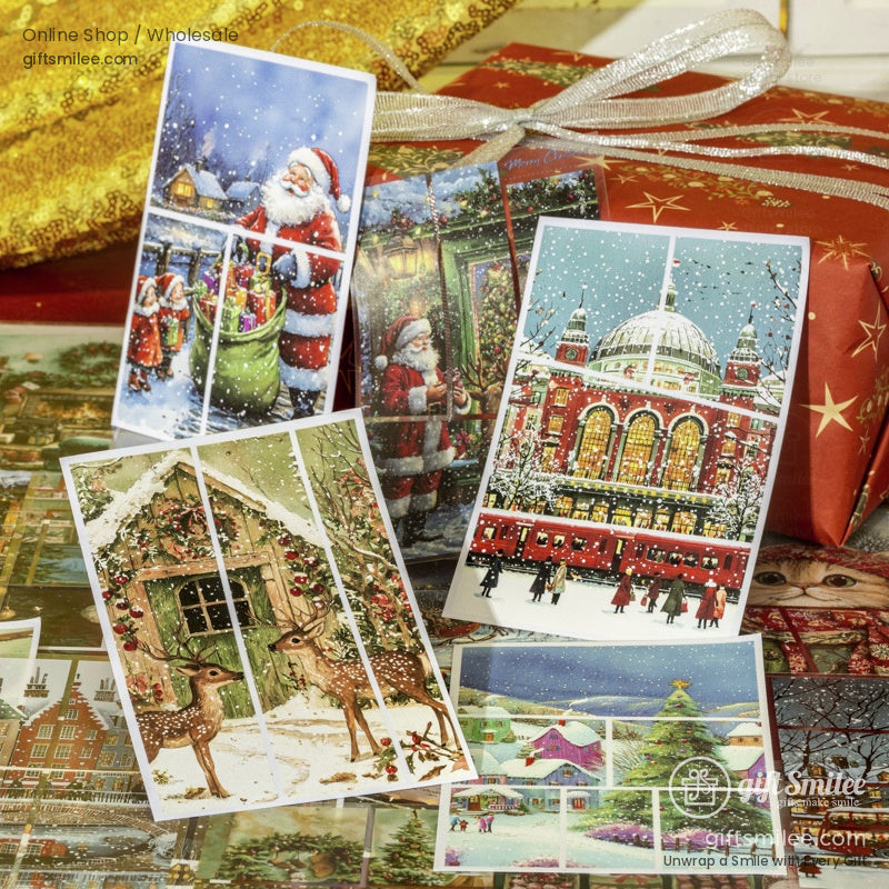 Assorted holiday-themed puzzle cards with Santa, reindeer, and snowy landscapes