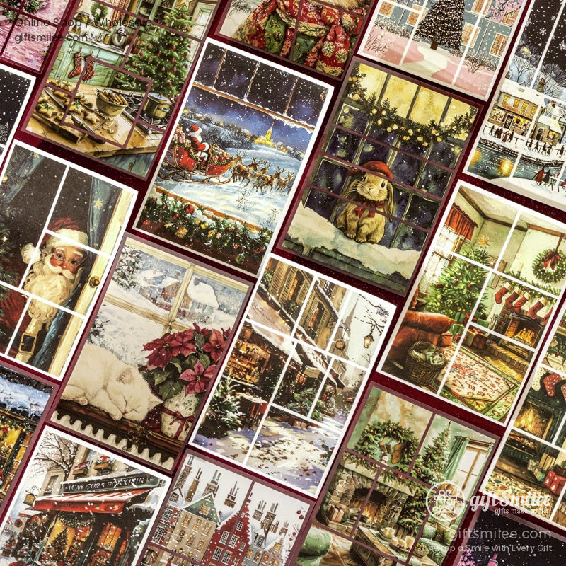 A collection of vintage Christmas puzzle cards with cozy winter scenes and festive details